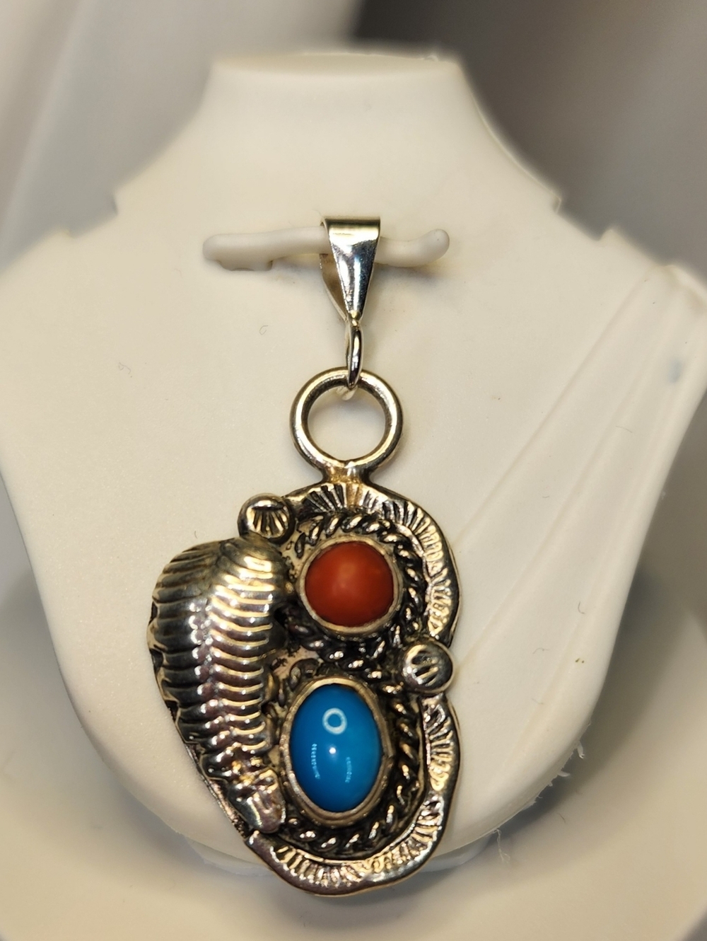 Sterling Silver Turquoise & Coral Pendant Necklace - Blue and Orange